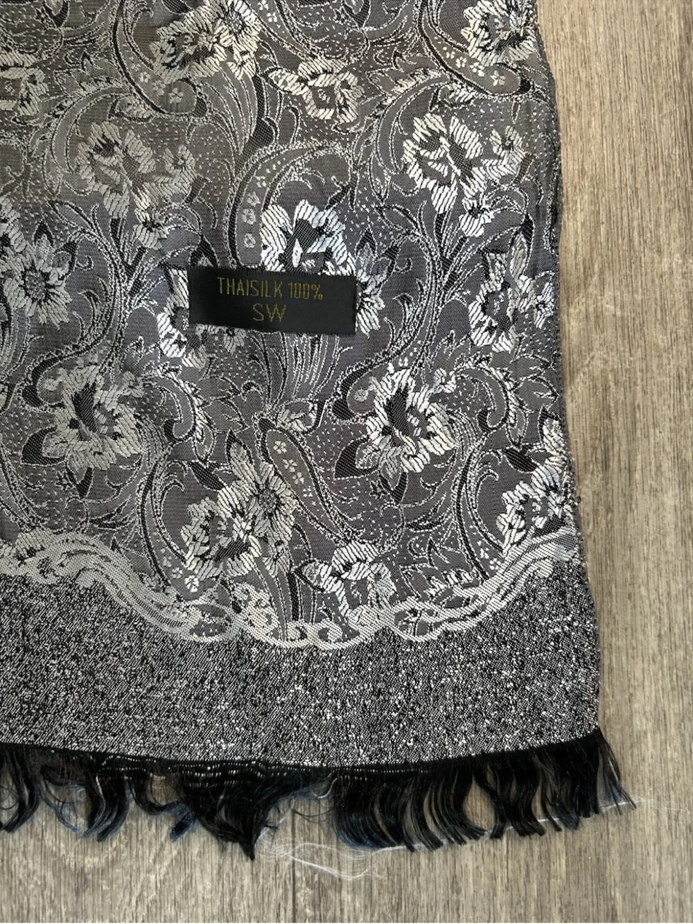 Vintage Thai Silk 100% Silk Shawl Wrap Silver Black Paisley Brocade Fringe 73in